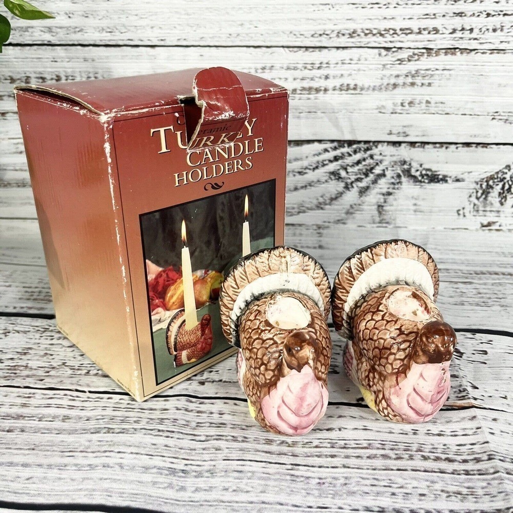 Vintage Turkey Candle Holders Ceramic Thanksgiving Fall Autumn Dinner Room Table